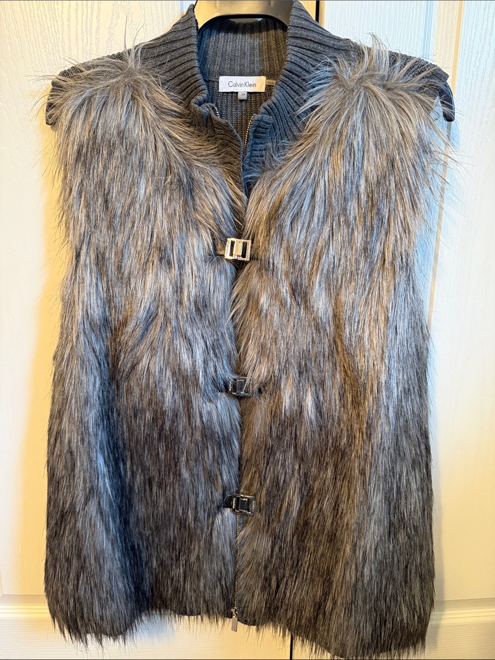 Calvin Klein Gray Faux Fur Vest with Ribbed Stand Collar and Toggle Closures